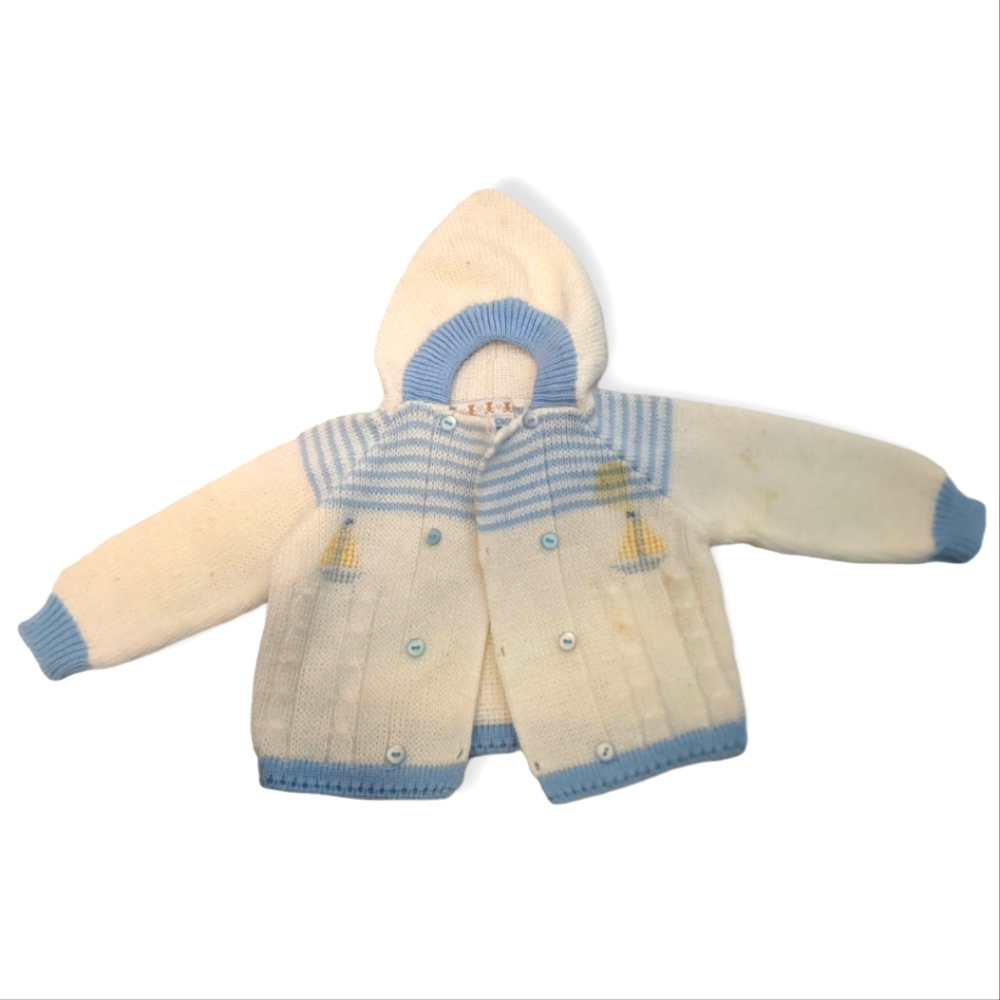 Vintage 90s Knit Blue & White Acrylic Baby Sweater, Sz 3-6 months
